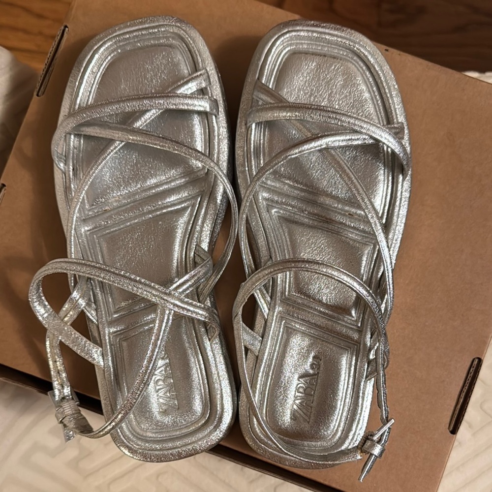 Zara Silver Metallic Sandals with Ankle Straps